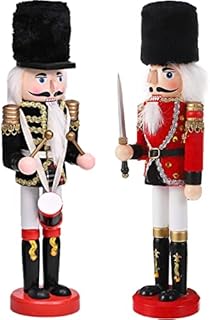 KAHEIGN 2Pcs Wooden Nutcracker Soldiers, 2 Style 30CM Christmas Traditional Nutcracker Figures Premium Pine Wood Painted Soldier for Home Fireplace Christmas Tree Party Decoration (Drum & Sword)