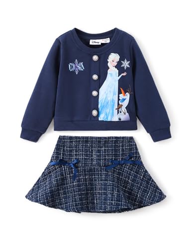 Disney Frozen Elsa Stitch Princess Moana Minnie Toddler Girl 2 Piece Outfit Kid Pearl Button Knit Top & Tweed Skirt Set 2-13Y