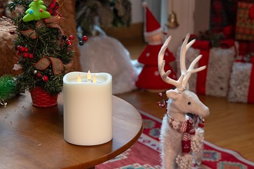 Image of 3-Wick Flameless Pillar Candle with Remote Timer, 3D Moving Flame Real Wax Led Candles (Ivory with Melty-Look Art Water, 6.5in)