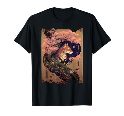 Arte gráfico vintage de zorro japonés con diseño de flor de cerezo Camiseta