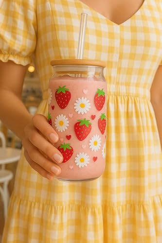 Image of THE UMBRELLA STORE Glass Tumbler Bamboo Lid and Straw, Coffee Tumbler, Reusable Glass (Strawberry)