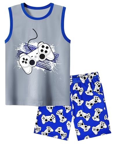 Fiodrimy Boys Summer Pajamas Set Cozy 2-Piece Pajama for Big Boys Tank Top & Shorts Sleepwear PJS Kid Cloth Size 8-16