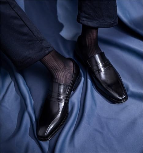 Mens Loafers Slip On Genuine Leather Square Burnished Toe Flexible Comfortable Party Classic Dress Shoes4