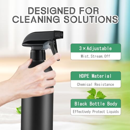 500ml/16 Oz Plastic Spray Bottles,Empty Heavy Duty Adjustable Fine Mist and Stream Container for Home Garden Plant,Essential Oils,Hair,Household Cleaning Solutions-Black,6 Pack3