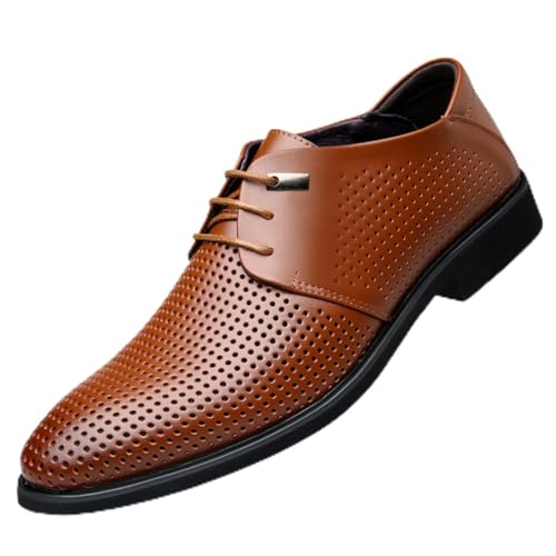 Mens Modern Fashion Dress Shoes for Men, Breathable Hollow Round Toe Lace-up Genuine Leather Comfort Dress Shoes for Wedding Office