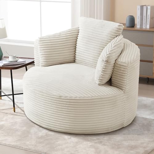 Image of Antetek 48.8-inch Round Chair, Modern Accent Corduroy Comfy Deep Seat Boneless Foam Floor Single Circle Chaise Sofa Chair with 3 Pillows for Living Room Bedroom Office, No Assembly Required, White