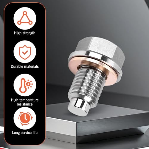 Image of M12 x 1.5 Magnetic Oil Drain Plug, Magnetic Stainless Steel Oil Pan Drain Nut Bolt with 5 PCS Copper Crush Washer Anti Leakage, Universal Leak-proof Replacement,Fits Most Cars, Motorcycles, Boats
