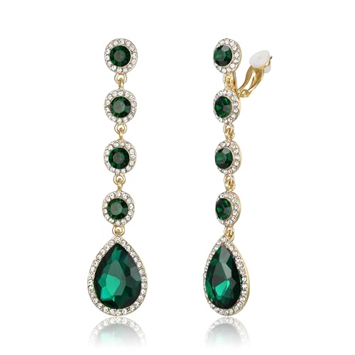 EleQueen Women's Wedding Crystal Teardrop Pear Shape 3 Inch Clip on Long Dangle Earrings for Bride Bridesmaid, Jewelry for Party Prom/Anniversary, Green Gold-Tone by EleQueen - Used condition - US$4.20