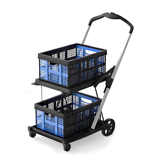 Carrito de compras plegable con cestas dobles, carrito ligero para viajes y mandados, carro portátil para una fácil organización