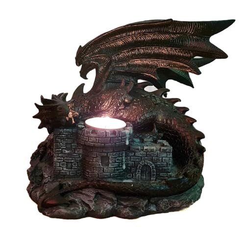 Kremers Schatzkiste Portavelas XXL con diseño de castillo de dragón, figura gótica, decoración de fantasía, escultura medieval, regalo, 18 x 19 x 15 cm, polirresina