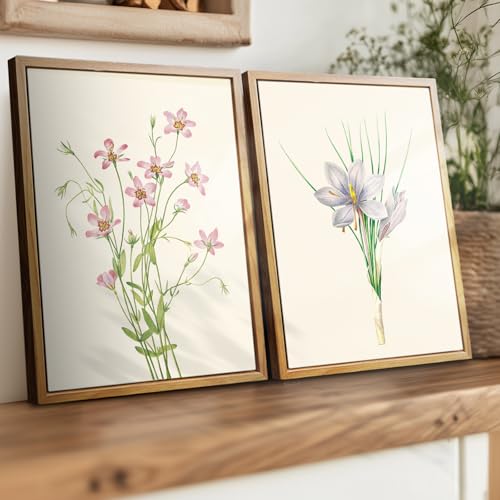 crmotu Floral Framed Wall Art, Daffodils Vintage Art Prints, Minimalist Botanical Watercolor Canvas Painting, Nature Plant Rustic Wall Decor Living Room Bathroom Bedroom Decor Aesthetic, 12x16inch