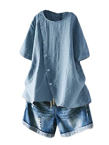 Minibee Women s Linen Blouse Tunic Short Sleeve Shirt Tops with Buttons Decoration Grey Blue 2XL