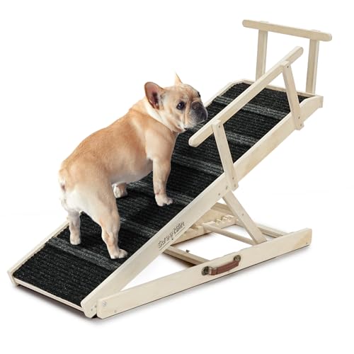 Dog Ramp for Bed - Foldable Small to Large Dog Ramp for Couch - 7 Adjustable Height from 11" to 27" - Stairs with High Traction Mat - Wooden Portable Ramp for Dogs to Get on Bed Couch Car Up to 200LBS