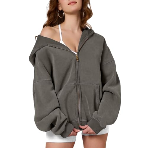 Dnzzs Womens Zip Up Hoodie Oversized Acid Wash Sweatshirts Heavyweight Fall Fashion Outfits Casual Jackets Winter Clothes Grey Medium