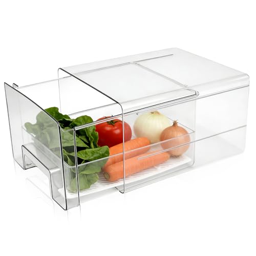 Byfoyif Kühlschrank Organizer Stapelbar, Transparente Aufbewahrungsboxen PET-Material KüHlschrank Schublade Ausziehbare KüHlschrank Organizer mit 1 Weißes Abtropfgestell Fridge Organizer 25x21x15 cm