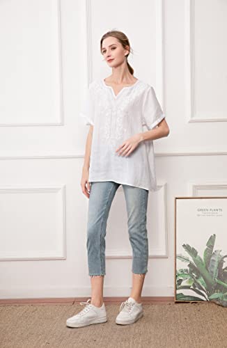 Mordenmiss Women's Embroidered Blouse Tunic V-Neck Linen Tops Short Sleeve Hi-Low Hem Shirt For Petite (Xxl, Style 2-White) #TOP5