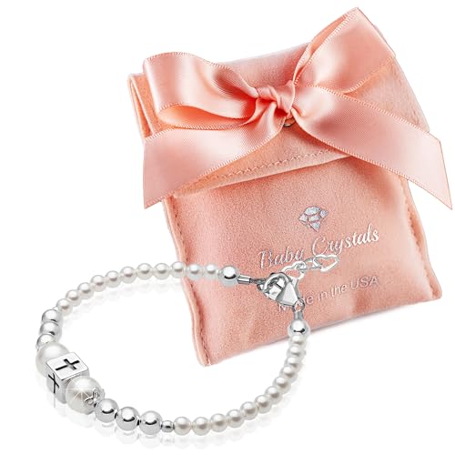 Baptism Pearl Bracelet for Girls, Sterling Silver Cross Charm - Baptism Gifts for Girl Handmade with High-end white or Pink Simulated European Pearls, Girls Jewelry Birthday Gifts