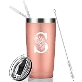 Leraverppy Personalized 20oz with Initial Stainless Steel Coffee，Leak Proof Rose Gold Tumbler with Lid And Straw Double Wall Thermal Cups for Hot and Cold Drinks Monogrammed Gifts for Women（C20-S）
