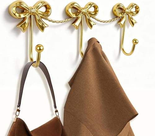 Gold Bow Wall Hooks, 3-Link Metal Hanger for Girls Room and Nursery