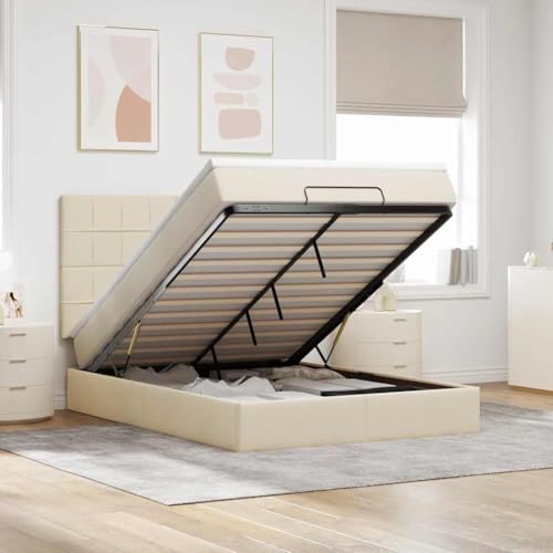 Genérico Estructura de Cama otomana con colchón Tela Crema 140x200cm, Camas y somieres Crema,3314015