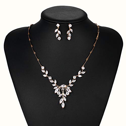 Weimanjewelry Women Marquise Cut Cubic Zirconia Leaf Bridal Y-Necklace And Dangling Earring Jewelry Set For Wedding (Gold) #TOP2