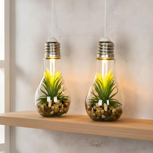 levandeo Juego de 2 bombillas LED H19 cm de altura, suculentas, verde, lámpara decorativa, planta artificial, lámpara colgante para mesa