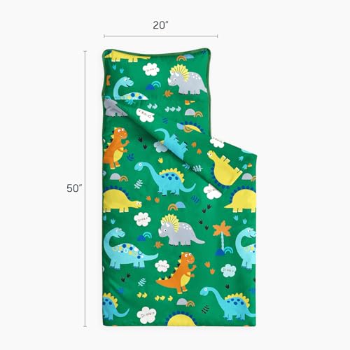 Image of Wake In Cloud - Toddler Nap Mat with Pillow and Blanket, 100% Cotton Fabric, for Kids Boys Ages 3 Plus in Daycare Kindergarten Preschool, Roll Up Sleeping Bag, Cute Dinosaurs