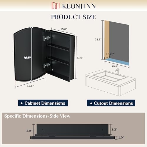 Image of Keonjinn Black Bathroom Medicine Cabinet with Mirror 16 inchx26 inch, Metal Framed
