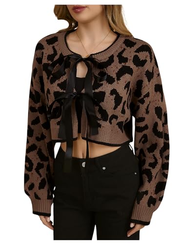 MakeMeChic Women's Tie Front Cardigan Leopard Print Bow Long Sleeve Crop Sweater Outerwear