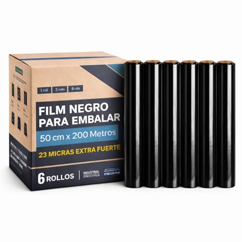 Film Negro para embalaje, Rollo de Film Elástico Manual Industrial, rollo embalaje negro, Grosor de 23 micras extra fuerte, 50 cm de ancho x 200 Metros largo (Negro, 6 Unidades)