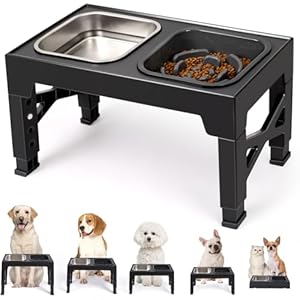 Niubya Elevated Dog Bowls, with Slow Feeder Bowl and Stainless Steel Dog Food Bowl, Raised Dog Bowls Adjusts to 5 Heights (3.15″, 8.66″, 9.84″,11.02″, 12.2″) for Small Medium and Large Dogs