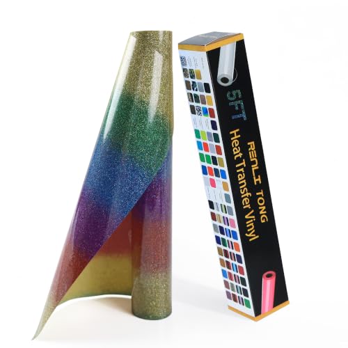 Image of RENLITONG Rainbow Glitter Iron on Vinyl - 12Inch by 5ft Roll HTV Heat Transfer Vinyl for T-Shirt HTV Rolls for All Cutter Machine - Easy to Cut & Weed for Heat Transfer Design (J018)