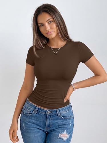 Image of Trendy Queen Womens Basic T Shirts - Stretchy Soft Slim Fit Short Sleeve Y2k Cute Summer Crop Workout Tops