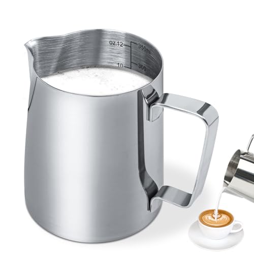 12oz/350ml Milk Jug Stainless Steel Milk Frothing Jug for Coffee Machine, Barista Coffee Jug Metal Milk Frothing Pitcher Jug Cup with Measurement Mark for Cappuccino, Espresso, Latte, Cream & Milk Jug