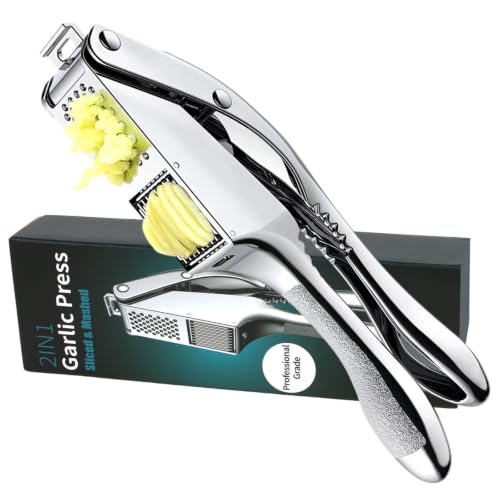 Garlic Press and Slicer 2 in 1, Heavy Duty Garlic Mincer, Crusher with Ergonomic Handle - Perfect...