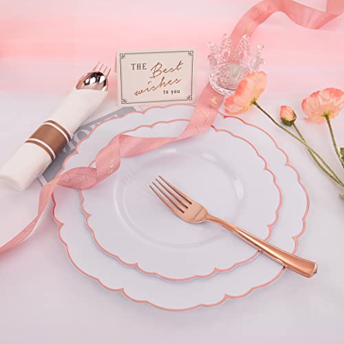 Ciaell 175Pcs Rose Gold Plastic Plates - Baroque Rose Gold Disposable Plates Including 50 Rose Gold Party Plates, 25 Pack Rose Gold Pre Rolled Napkins And 25 Cups For Wedding & Party #TOP6