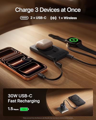 Image of Baseus Picogo AM52 MagSafe Power Bank, Qi2.2 25W 10,000mAh Magnetic Portable Charger, 0.6 inch Slim Built-in 45W USB-C Cable, Alloy Fast Charging Wireless Battery Pack for iPhone 17 /16 /15 /14 /13 /12 Only