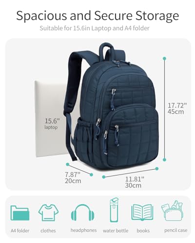 Image of Bookbag for Women, Teen Girls Backpack for High School College Student, Puffer Quilted Back Pack Cute Laptop Backpack for Work Travel Mom Casual Daypack, Navy