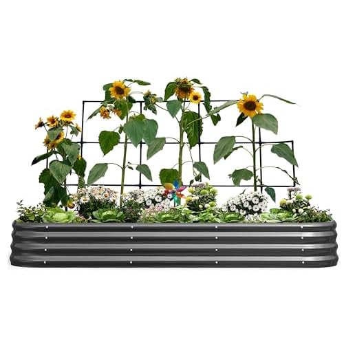 KING BIRD Raised Garden Bed with Wall Trellis Galvanized Planter Garden Box Outdoor for Gardening, Climbing Vegetables, Flowers 7.87x3.94x0.98 Ft, Dar