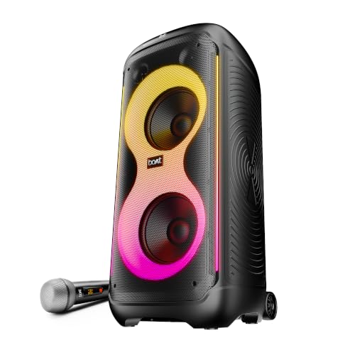 Image of boAt 2026 Launch PartyPal 650, AI Karaoke Auto Tuner,Inbuilt DJ Tracks & Bass Drop,300W Output,2 UHF Wireless Microphones,Vibrant RGB LEDs,Wheels for Mobility Bluetooth Party Speaker (Midnight Black)