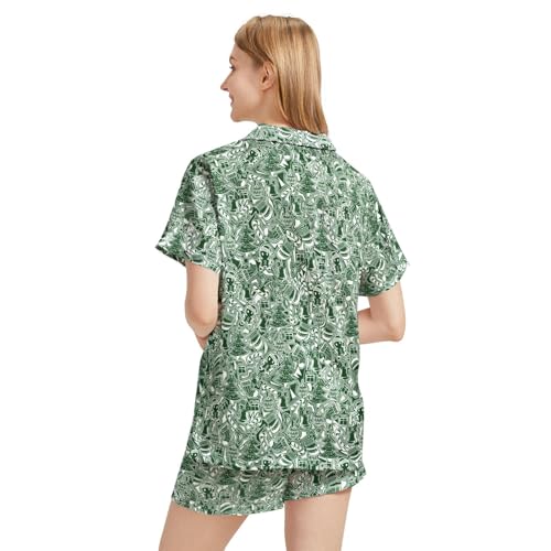 Image of Funny Pajamas for Women Set Print Satin Loungewear Pjs Short Sleeve Button Down Top and Shorts Sets Sleepwear XS-3XL