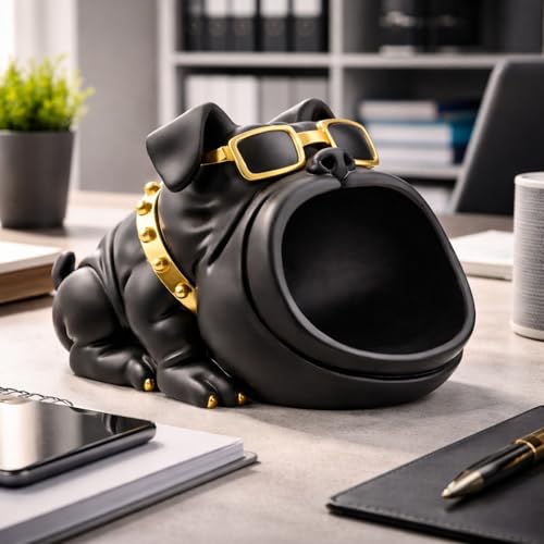 Image of Xtore Sculptural Bulldog Storage Organizer Showpiece| Modern Matte Black Dog Figurine with Sunglasses & Utility Bowl for Living Room, Desk, Entryway Styling (Black, 26 x 16 cm)