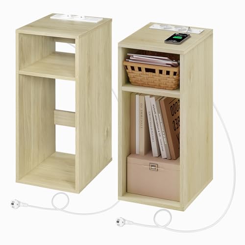 WOLTU 2X Mesita de Noche Dormitorio, Mesilla de Noche con 2 Enchufes y 2 Puertos USB, Mesilla de Noche Color de Grano de Madera Claro con 2 Compartimentos Abiertos,para Salón y Dormitorio, NTS06hei-2
