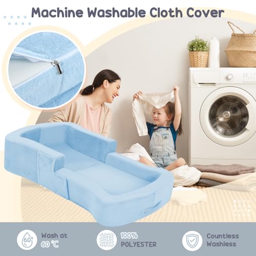 whiffee Toddler Travel Bed, 2-in-1 Foldable Portable Toddler Bed Sofa Chair, Soft Baby Kids Travel Floor Cot with Washable Covers Safety Foam Raised Bumper for Camping Hotel Sleeping (Blue)