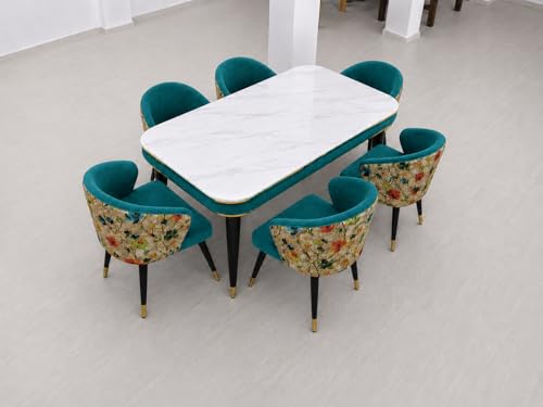 Image of WOODEN SPACE 6-Seater Wooden Dining Table Set | Nano Composite Marble Top | Solid Wood Base | Modern Dining Room Furniture with 6 Chairs (Printed Sea Blue)