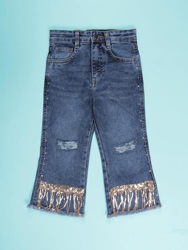Image of KiddoPanti Girls Bottom Flared Knee Distress Stretchable Denim Jeans with Adjustable Elastic Waist