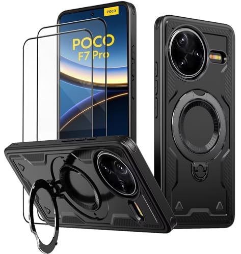 KANSi Funda para Xiaomi Poco F7 Pro con Cristal Templado*2, Anti Golpes Carcasa Protectora Resistente con Anillo Soporte Giratorio - Capa Negro