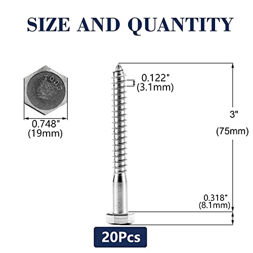Image of 1 /2 inch x 3 inch Hex Head Lag Screws Bolts 20Pcs 304 Stainless Steel 18-8, Partial Thread, Hexagon Head Wood Screws by SG TZH