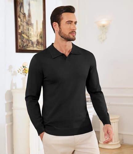 Lexiart Mens Knit Polo Shirts Long Sleeve V Neck Breathable Soft Casual Lightweight Solid Color Golf Shirts4