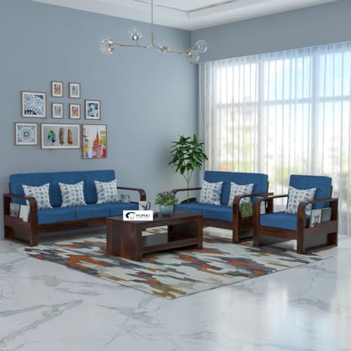 Image of Sheesham Wooden 6 Seater Sofa Set for Living Room | Solid Wood Sofa with Side Pocket Storage & Cushion | Rosewood Sofa for Home & Office | Lounge (Walnut with Blue Cushion, 6 Seater)